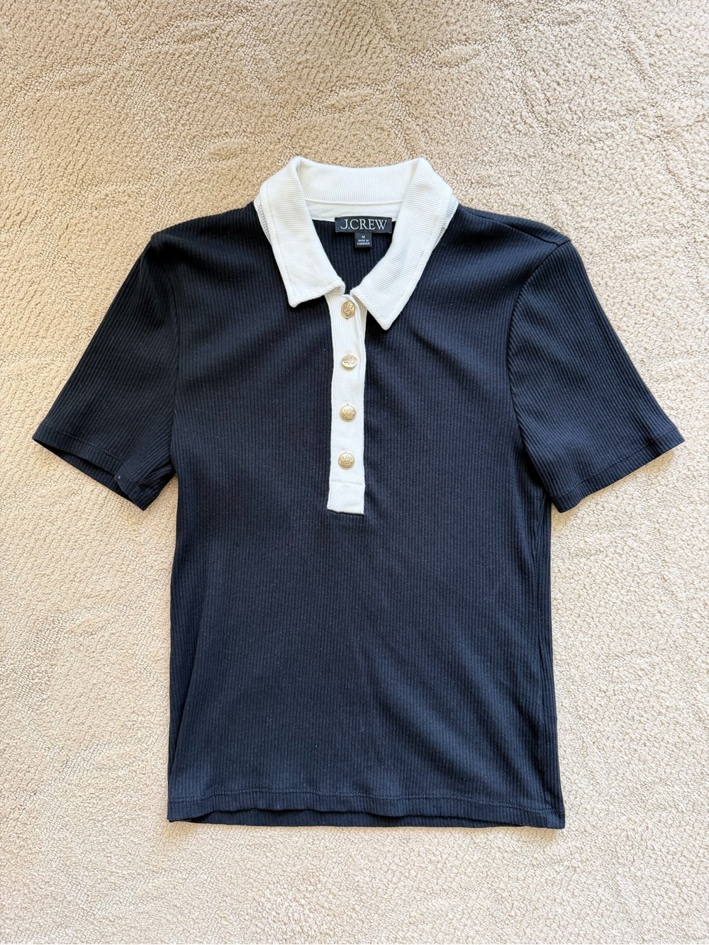J.Crew Black Women’s Polo Shirt with White Contrast Collar and gold buttons